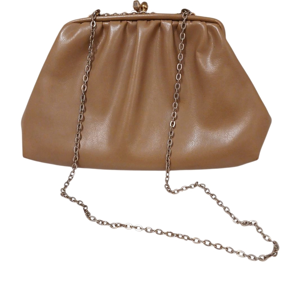 Vintage Tan Clutch with Chain Strap Baguette Prom Wedding Preppy Kisslock Vegan